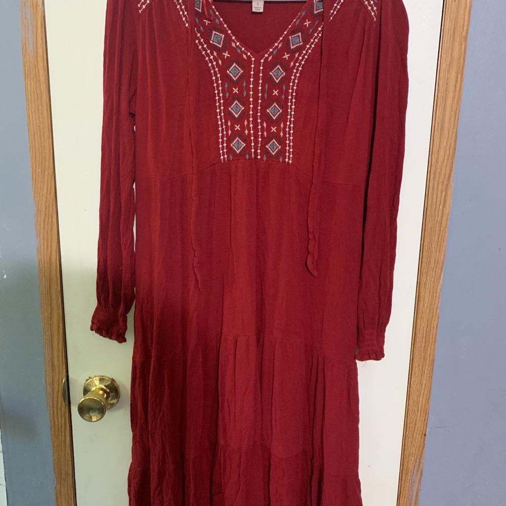 Knox Rose Deep Red Embroidered Boho Peasant Dress Women's